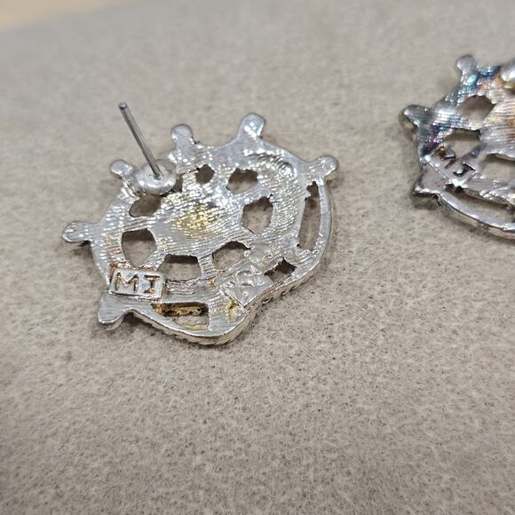 Vintage "MJ" Marie Jennifer Nautical Ship Wheel Rope Brooch Pendant Earrings - Picture 6 of 12